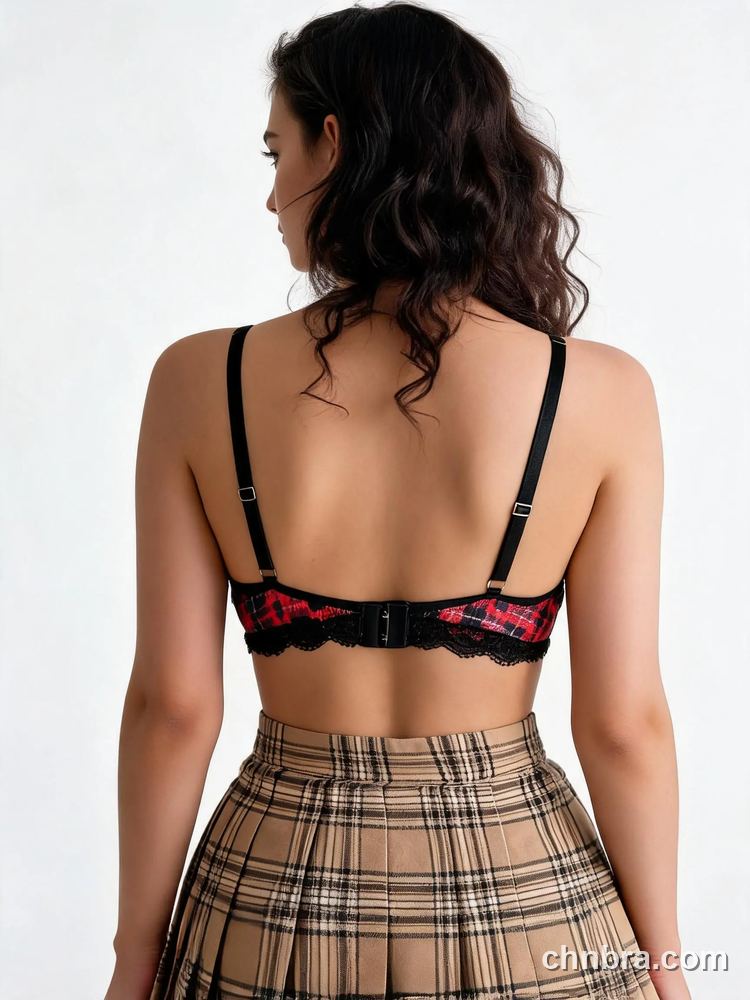 Wholesale Women's Red Plaid Demi Bra with Black Lace Hem, Underwire Half Cup Bra – Direct from Factory 2
