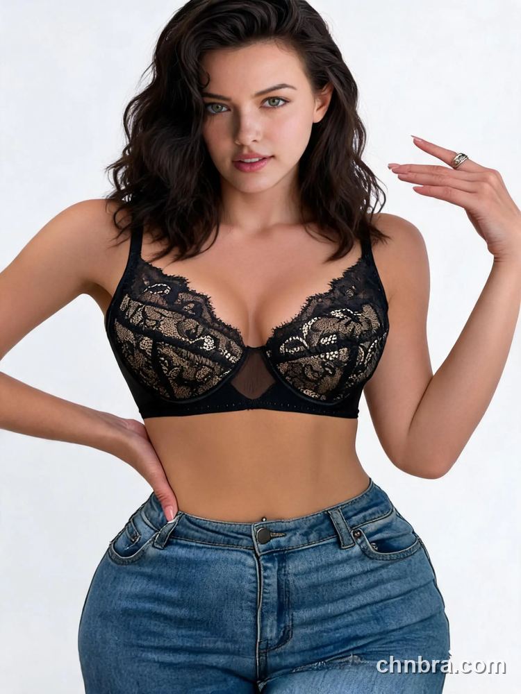 Custom Black Eyelash Lace Demi Bra with Mesh Gore, Breathable Underwire Bra – Wholesale Direct from China Factory 4