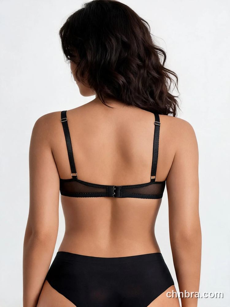 Custom Black Lace Plunge Demi Bra with Rhinestone Center, Low-Cut Underwire Bra – Wholesale Direct from China Factory 2