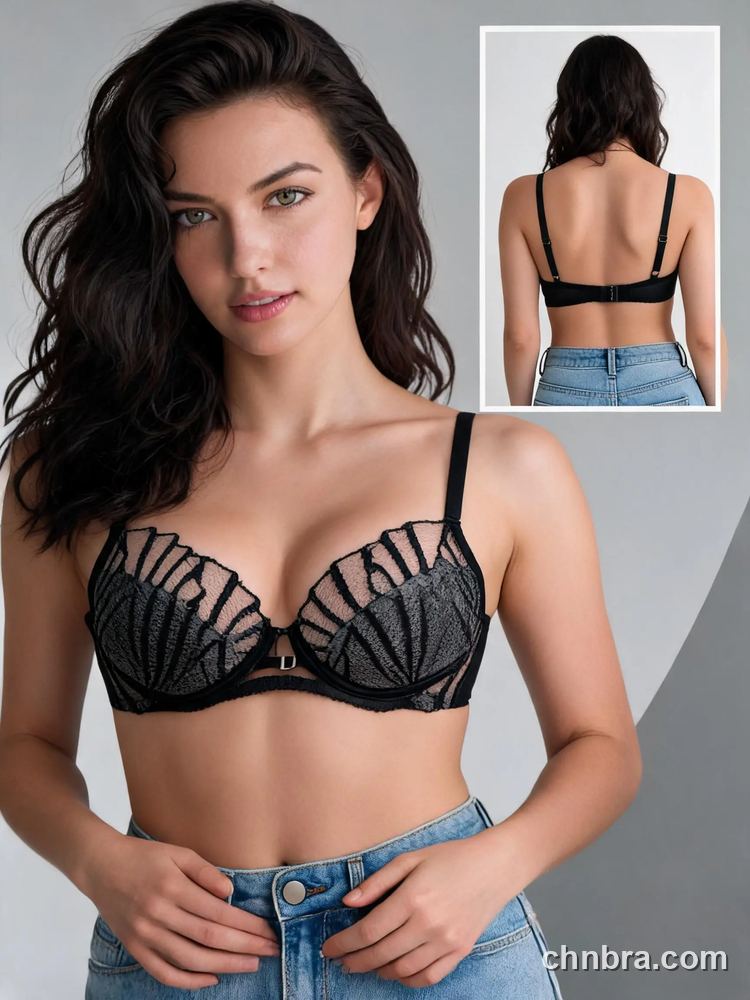 Wholesale Women's Black Fan Embroidered Sheer Demi Bra, Underwire Half Cup Bra – Direct from Factory 3