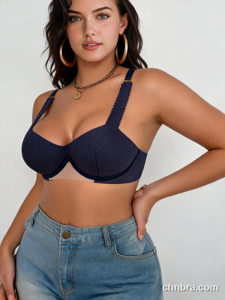 Navy Ribbed Demi Bra with Wide Straps, Solid Color Underwire Bra – OEM / ODM Demi Bra Manufacturer 3