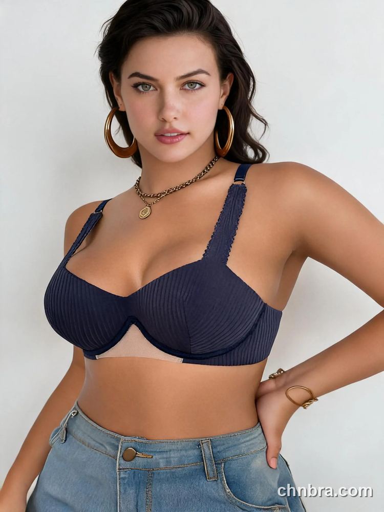 Navy Ribbed Demi Bra with Wide Straps, Solid Color Underwire Bra – OEM / ODM Demi Bra Manufacturer 5