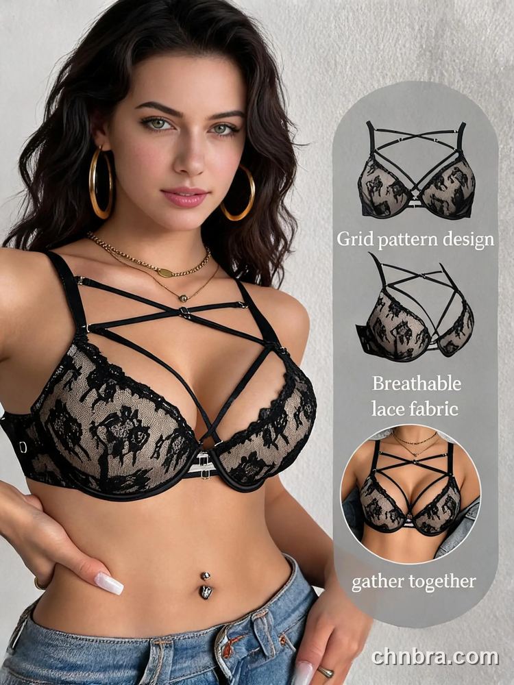 Custom Black Lace Strappy Cage Demi Bra, Underwire Half Cup Bra – Wholesale Direct from China Factory 2