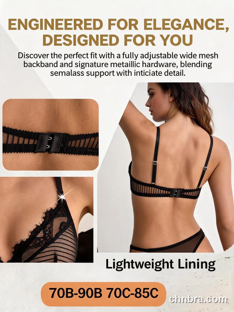 Black Stripe Mesh Demi Bra with Eyelash Trim, Breathable Underwire Bra – Wholesale Demi Cup Bra Manufacturing Factory 2