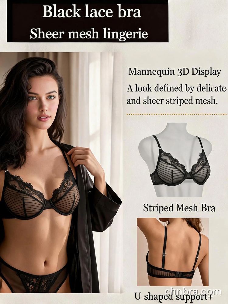 Black Stripe Mesh Demi Bra with Eyelash Trim, Breathable Underwire Bra – Wholesale Demi Cup Bra Manufacturing Factory 6