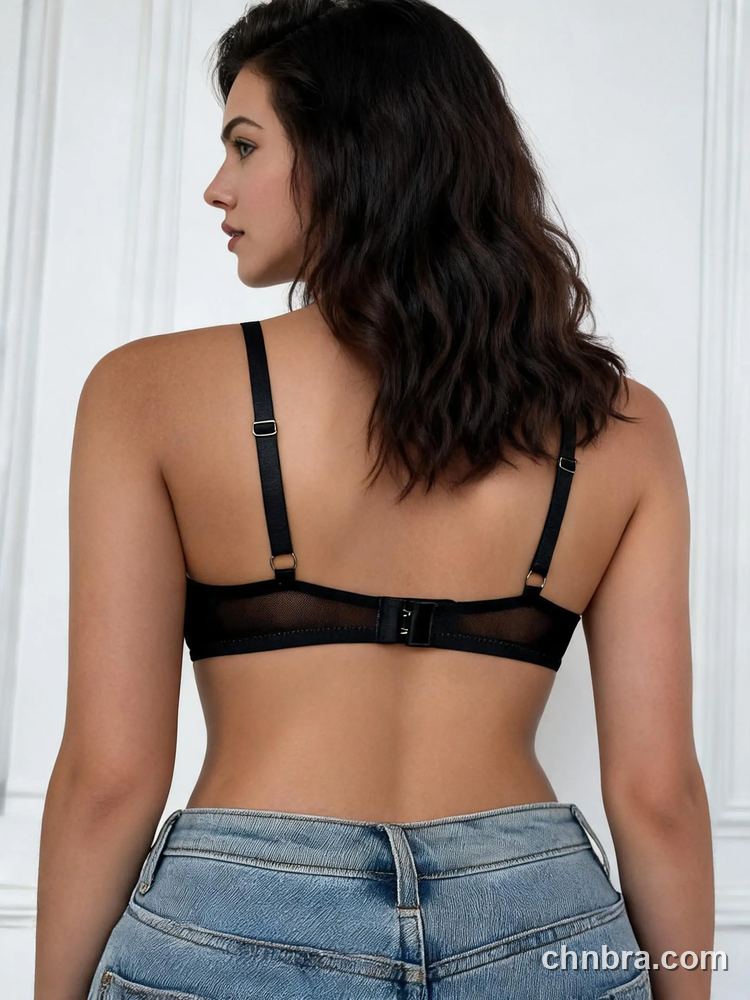 Women's Black Sheer Mesh Demi Bra, Solid Color Underwire Bra – Factory Wholesale, China 2