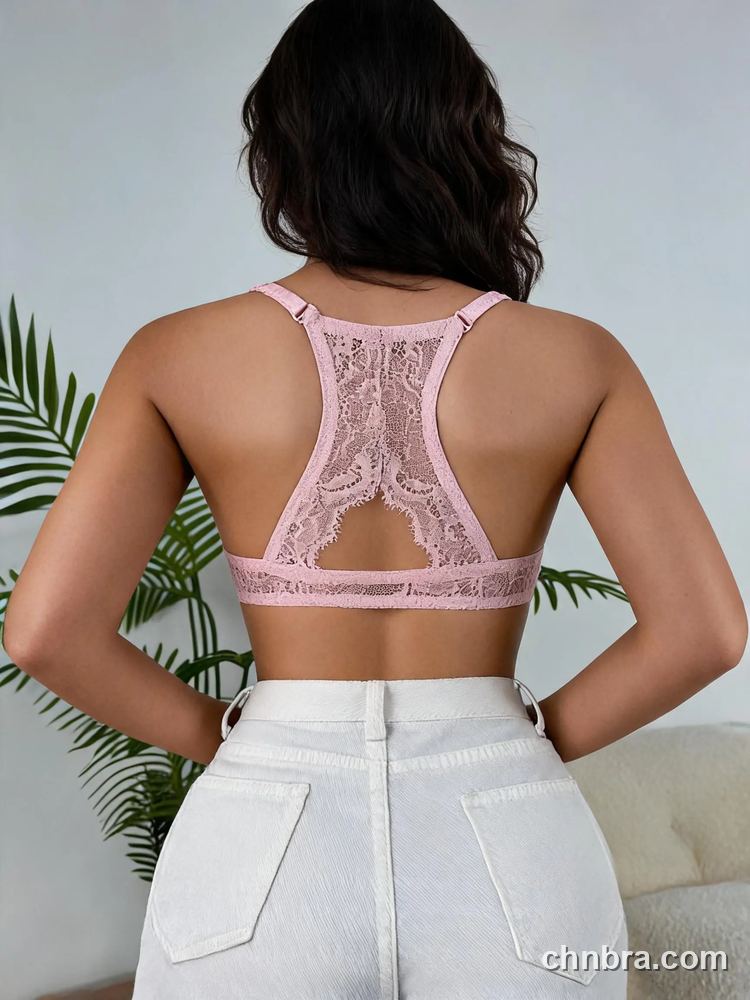 Pink Floral Lace Plunge Bra with Keyhole Racerback, Front Clasp Push-Up Bra – Wholesale Front Closure Bra Factory 2