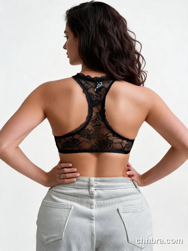 Black Smooth Push-Up Bra with Sheer Lace Back, Front Clasp Racerback Bra – OEM / ODM Front Closure Bra Manufacturer 2