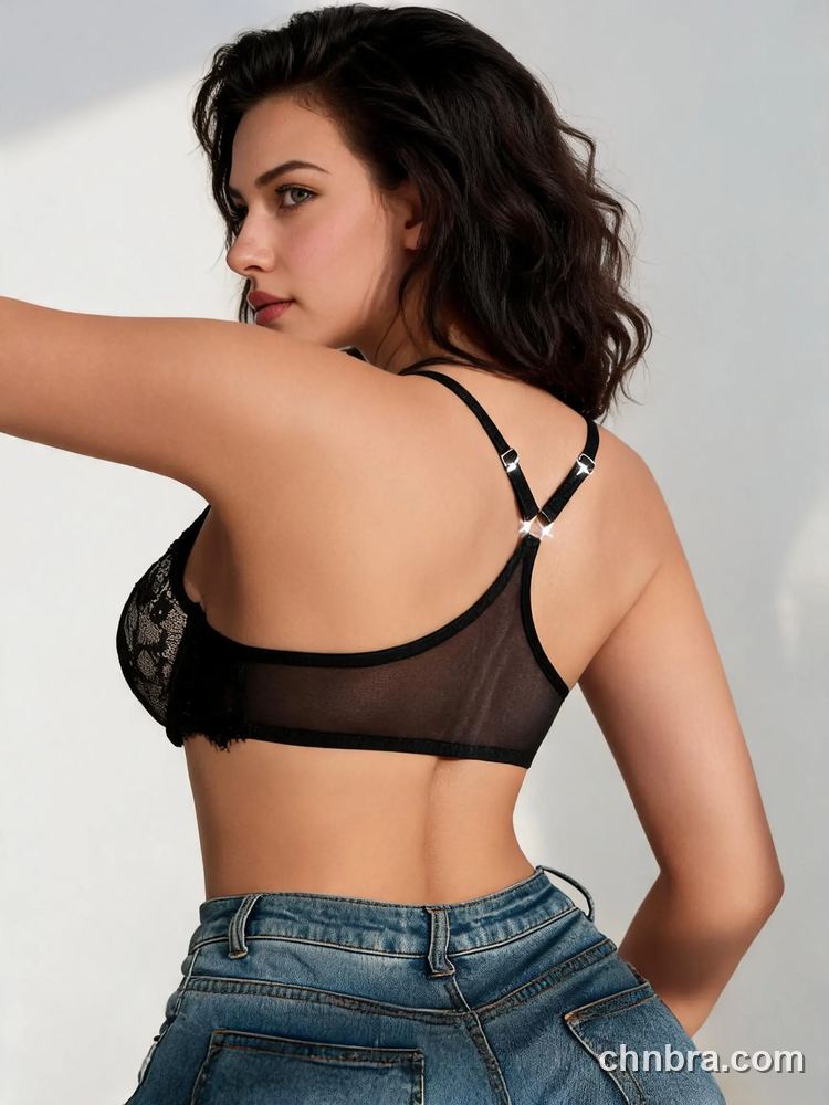 Black Eyelash Lace Bra with Sheer Mesh Back, Front Clasp Plunge Bra – Bulk Wholesale, Private Label Bra Supplier 2