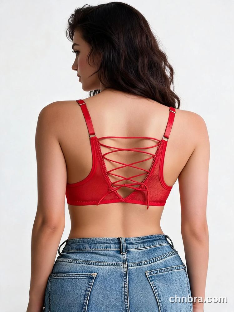 Women's Red Floral Lace Bra with Corset Lace-Up Back, Front Closure Plunge Bra – Factory Wholesale, China 2