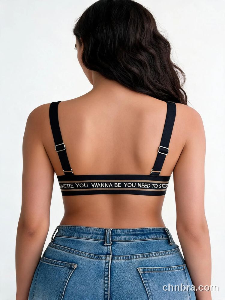 Black Ribbed V-Neck Bra with Slogan Elastic Band, Front Hook Wireless Bra – Wholesale Front Closure Bra Factory 2