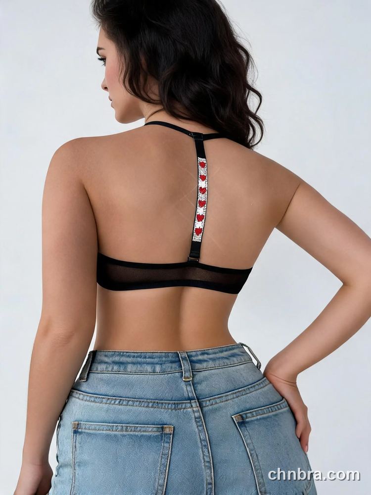 Black Mesh Halter Bra with Embellished T-Back, Front Clasp Push-Up Bra – Bulk Wholesale, Private Label Bra Supplier 2
