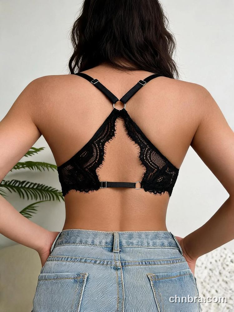Black Eyelash Lace Push-Up Bra with Racerback, Front Clasp Plunge Bra – OEM / ODM Front Closure Bra Manufacturer 2