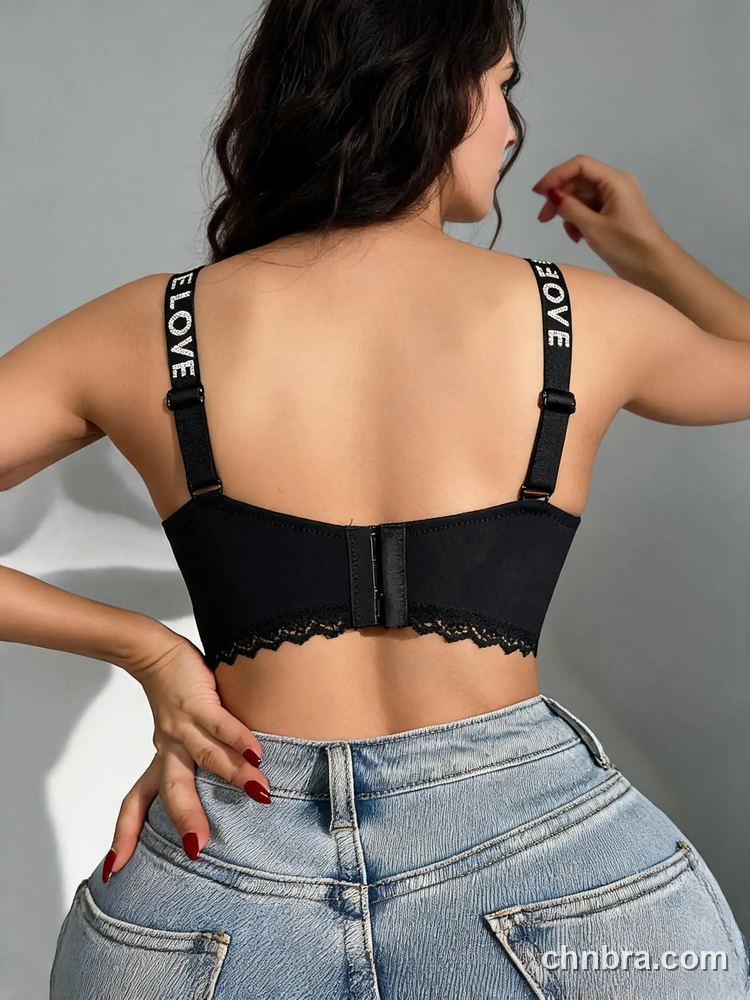 DesireSculpt Black Longline Bra with Eyelash Lace Trim & Rhinestone Logo Straps – Direct Factory Wholesale 2