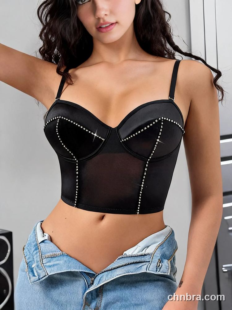 Women's Black Satin Rhinestone-Trim Push Up Longline Bustier Bra, Lift and Support – Factory Wholesale