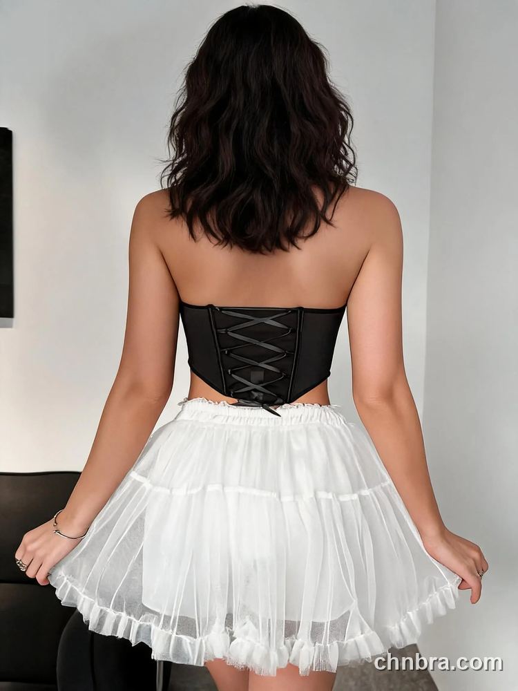 Custom Black Ruched Satin Halter Longline Bustier Bra, Organza Bow Straps – Wholesale Direct from Factory 2