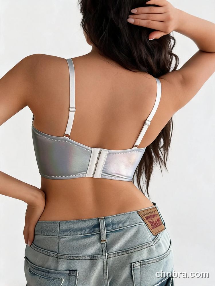 Silver Metallic Longline Bra, Cutout Buckle Front – Wholesale Lingerie Manufacturing Factory 2