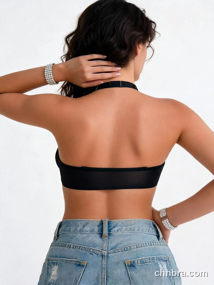Custom Black Rhinestone Halter Longline Bra, Criss-Cross Mesh Neckline – Wholesale Direct from Factory 2