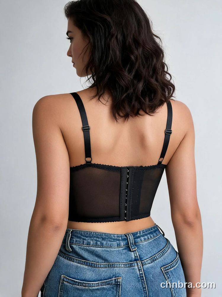 Custom Black Sheer Mesh Plunge Longline Bra with Lace Cups – Wholesale Direct from Factory 2