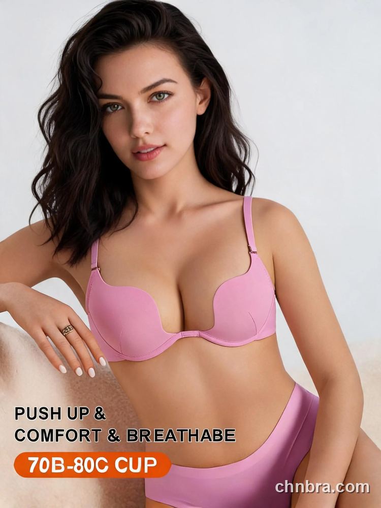 Pink Molded Plunge Push-Up Bra, U-Shaped Deep V Underwire Bra – Wholesale Bra Manufacturing Factory 2
