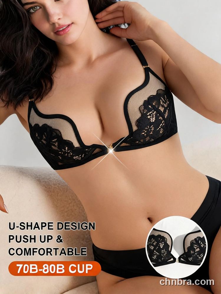 Black Lace Mesh Plunge Bra with Rhinestone Center, U-Shaped Underwire Bra – Bulk Wholesale, Private Label Bra Supplier 2