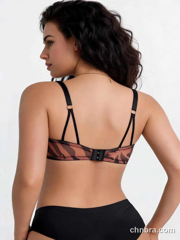 Wholesale Women's Coffee Zebra Print Mesh Plunge Bra with Black Piping, U-Shaped Underwire Bra – Direct from Factory 2