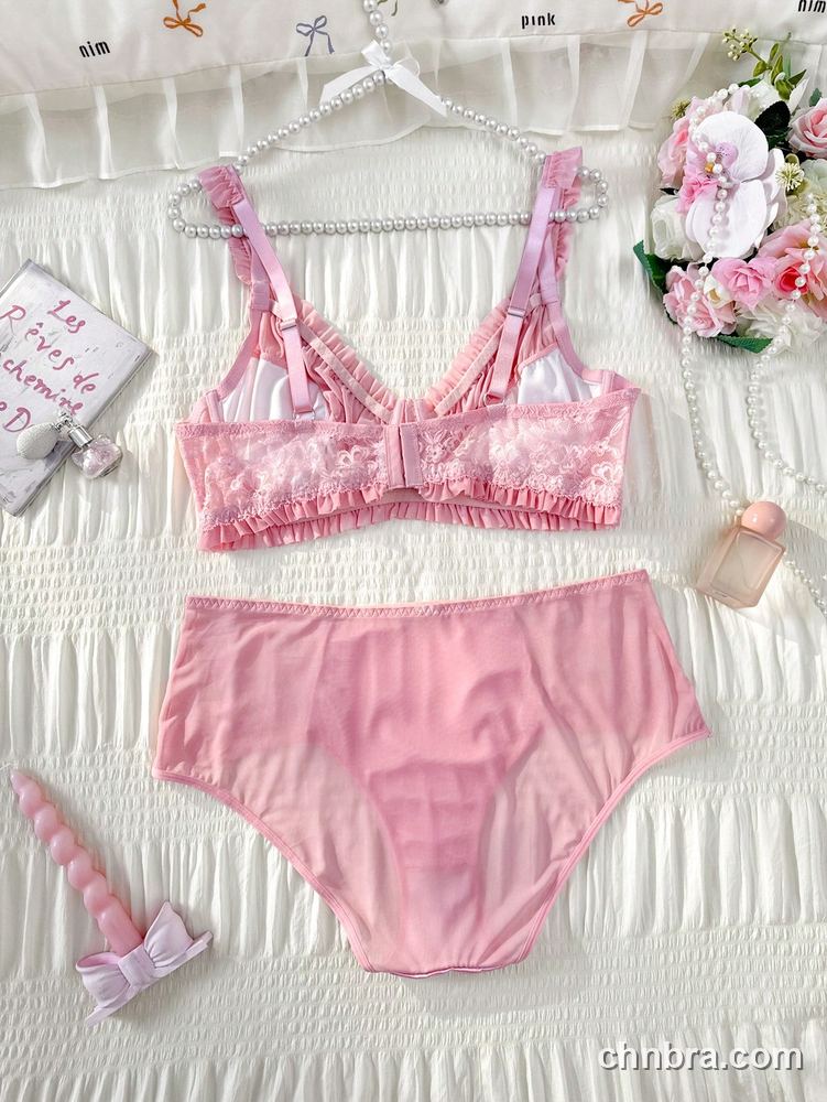 Wholesale Plus Size Solid Pink Ruched Mesh & Lace Bra & Panty Set – Direct Factory 8
