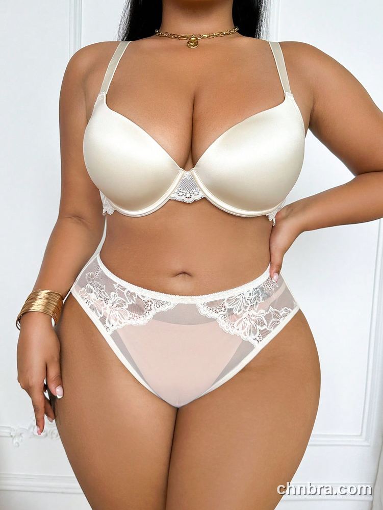 Custom Plus Size Solid Ivory Satin Push-Up Bra & Panty Set – Wholesale Direct from Factory 3