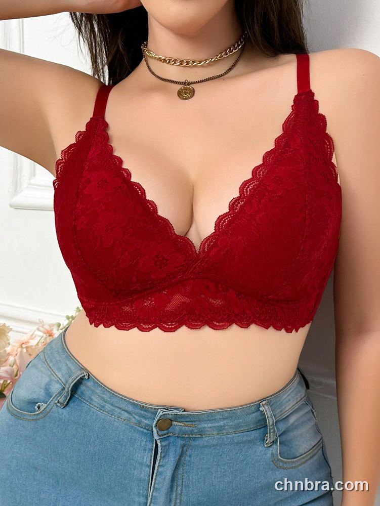 Plus Size Burgundy Floral Lace Plunge Bralette – OEM / ODM Lingerie Manufacturer 5