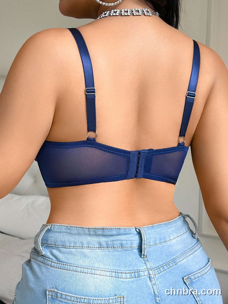 Custom Plus Size Black Embroidered Leaf Mesh Bra – Wholesale Direct from Factory 7