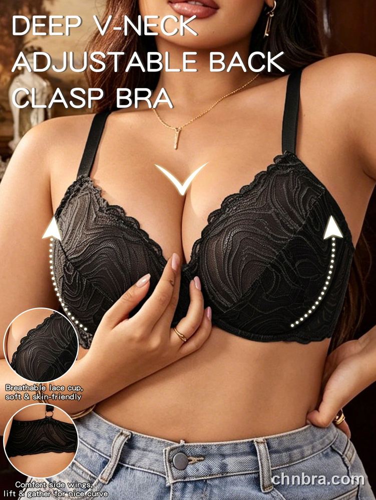 Wholesale Plus Size Black Swirl-Texture Lace Plunge Bra – Direct Factory 4
