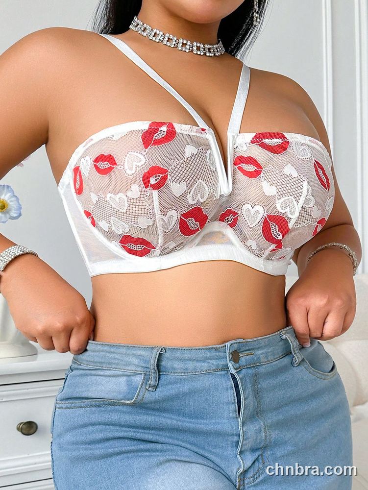 Plus Size White Lip-Heart Print Sheer Bra – Bulk Wholesale, Lingerie Supplier 4