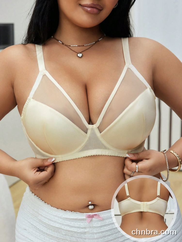 DesireSculpt Plus Size Beige Smooth + Mesh Strappy Plunge Bra – Factory Wholesale 3