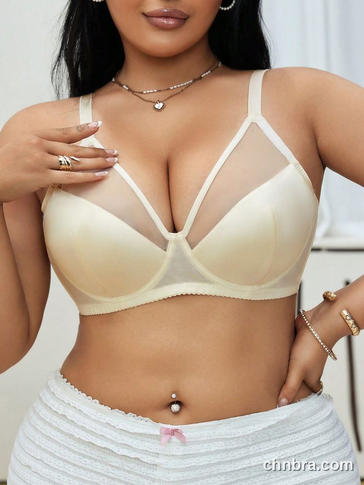 DesireSculpt Plus Size Beige Smooth + Mesh Strappy Plunge Bra – Factory Wholesale 5
