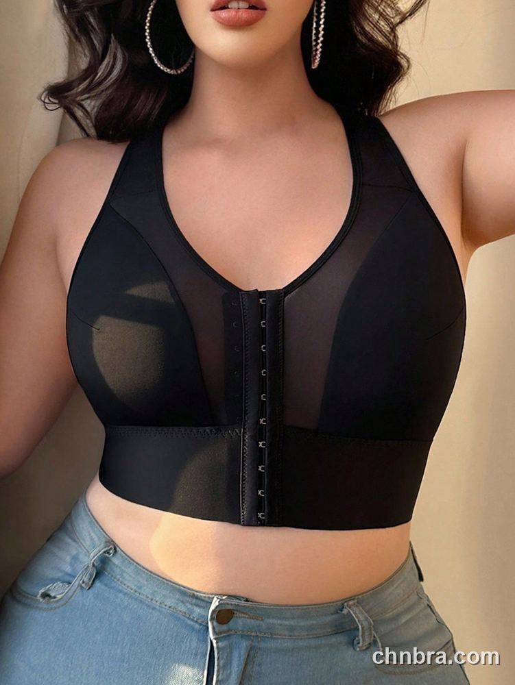 DesireSculpt Plus Size Black Front-Closure Racerback Bra – Factory Wholesale 3
