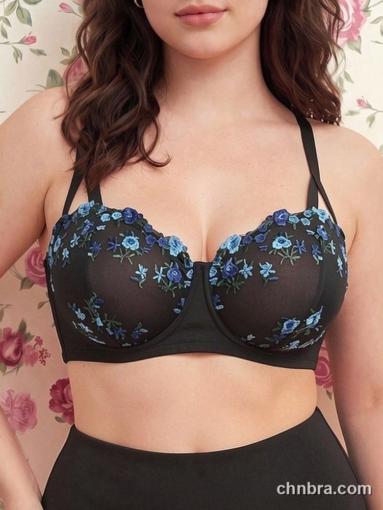 Plus Size Black Embroidered Floral Balconette Bra – OEM / ODM Lingerie Manufacturer