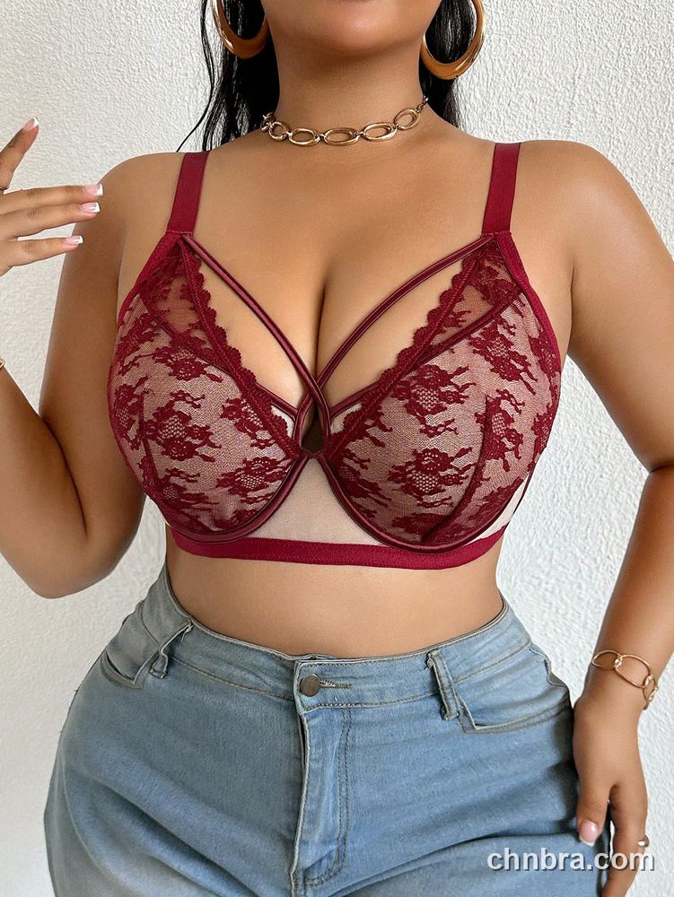DesireSculpt Plus Size Burgundy Sheer Lace Strappy Plunge Bra – Factory Wholesale 4