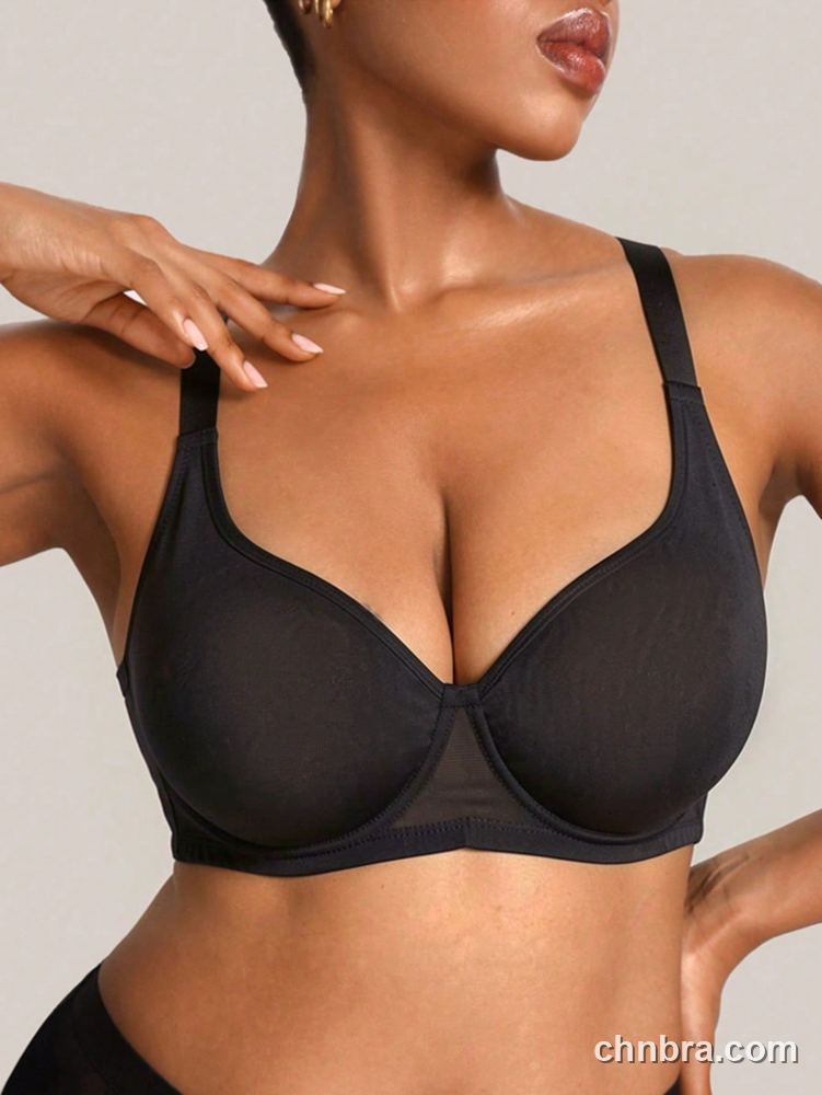 Plus Size Black Sheer Microfiber Wire-Free Full Coverage Bra – Wholesale Lingerie Manufacturing Factory 3