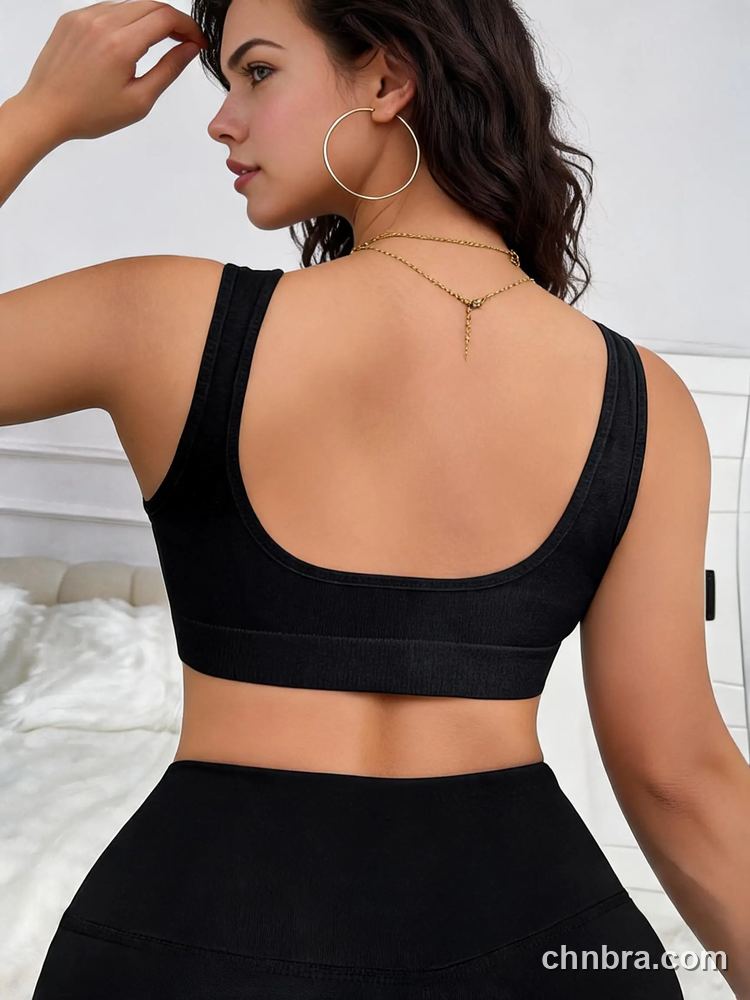 Black Ribbed Seamless Tank Sports Bra, Wide Straps, Breathable Everyday Bra – Wholesale Bra Manufacturing Factory 2