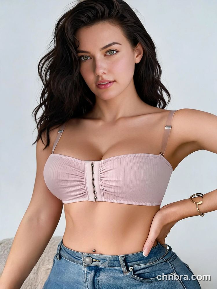 Pink Ribbed Strapless Bra, Front Hook, Clear Detachable Straps, for Wedding & Evening Dress – OEM / ODM Lingerie Manufacturer 5
