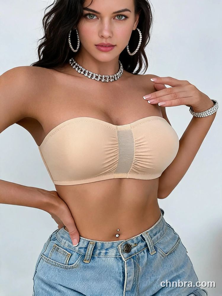 Nude Ruched Strapless Bra, Sheer Mesh Center, Clear Straps – Bulk Wholesale, Lingerie Supplier 4