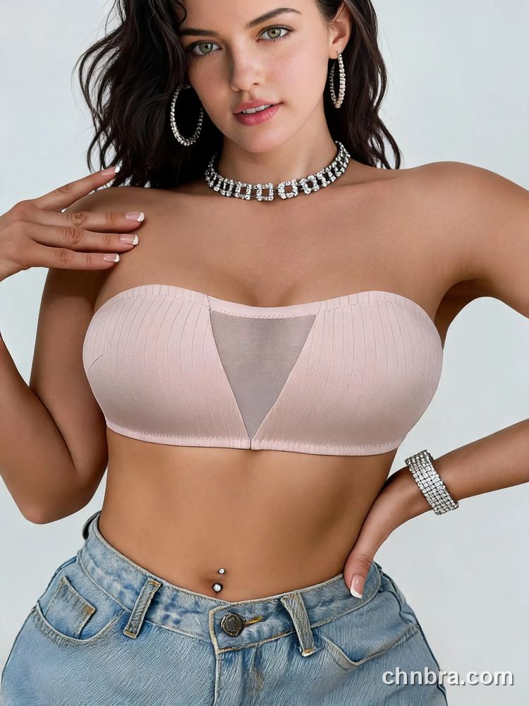 Wholesale Women's Pink Ribbed Strapless Bandeau Bra, Sheer Mesh V-Insert – Direct Factory 3