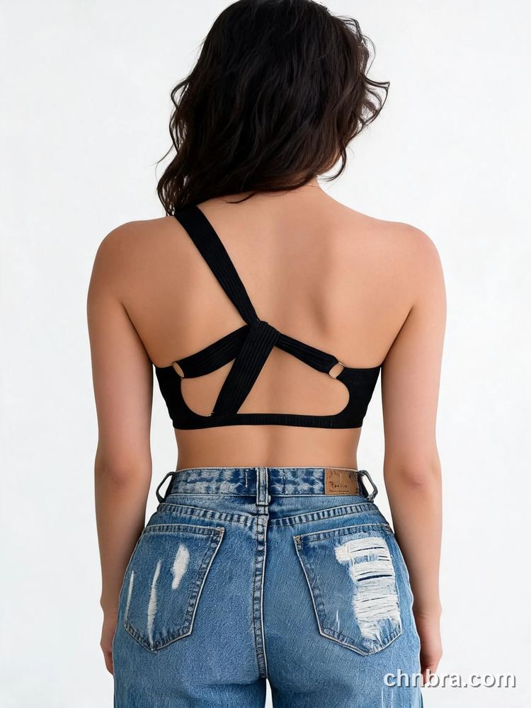 Wholesale Women's Black Ribbed One-Shoulder Bra with Keyhole Cutout – Direct Factory 2