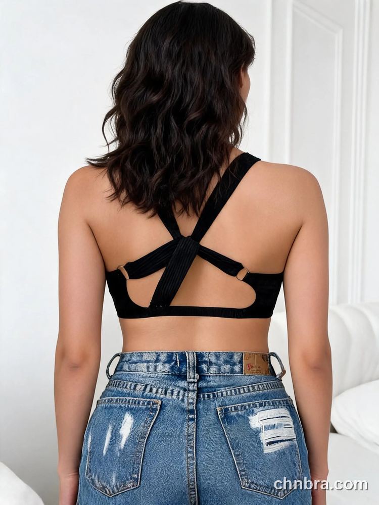 Wholesale Women's Black Ribbed One-Shoulder Bra with Keyhole Cutout – Direct Factory 3