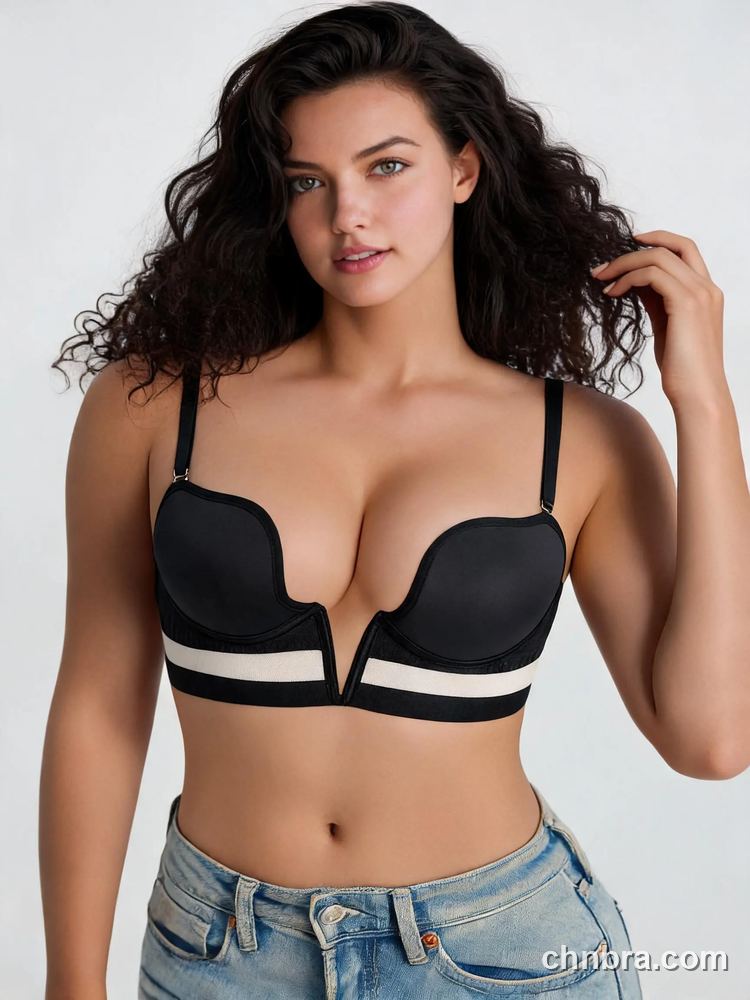 Women's Black V-Wire Plunge Push Up Multiway Bra, Contrast Band, Comfortable Daily Wear – Factory Wholesale 6