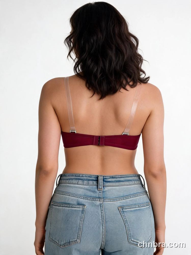 Burgundy Satin U-Plunge Push Up Bra, Clear Straps – Wholesale Bra Manufacturing Factory 2