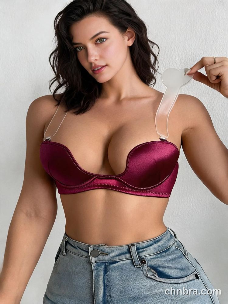 Burgundy Satin U-Plunge Push Up Bra, Clear Straps – Wholesale Bra Manufacturing Factory 3