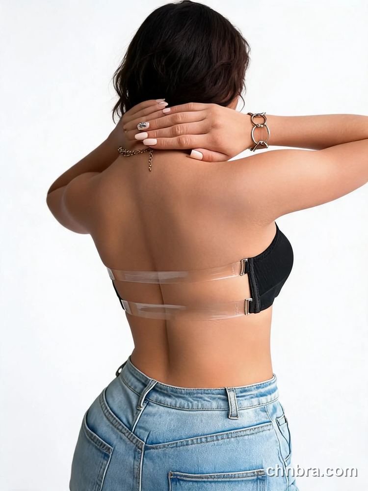 Black Ribbed Bandeau Bra with Keyhole Cutout & Chain Detail – Bulk Wholesale, Lingerie Supplier 2