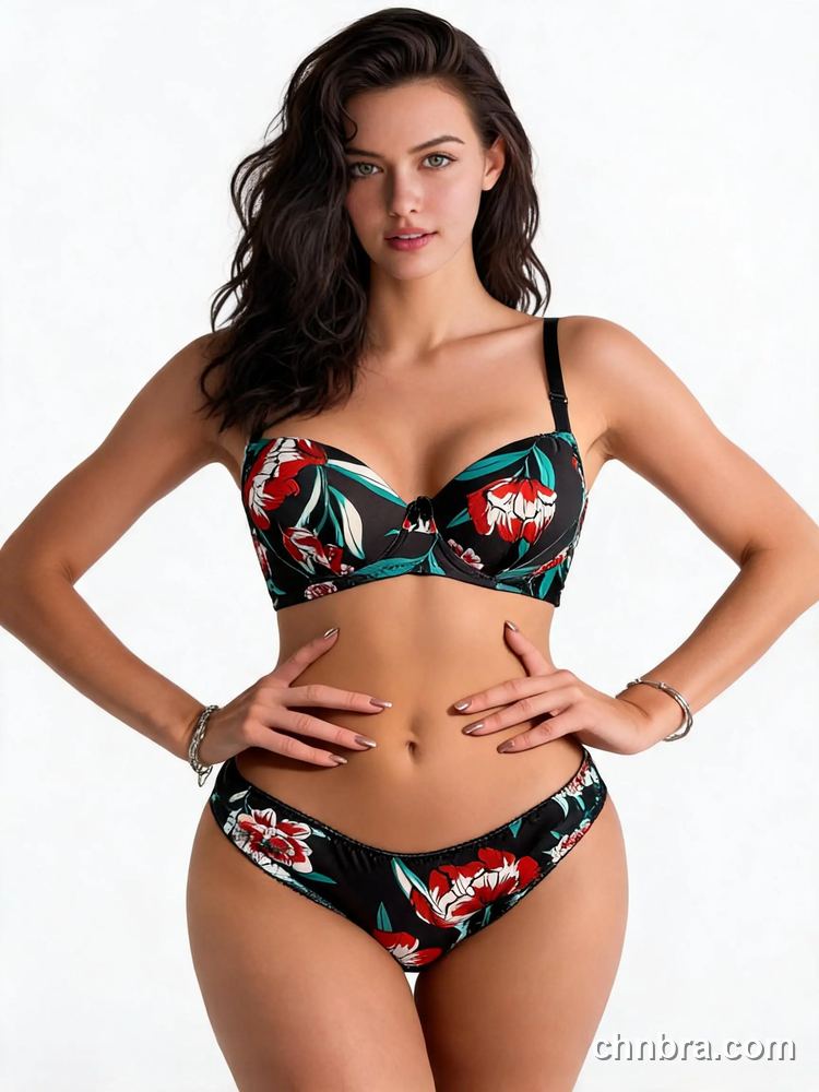 Black Tropical Floral Print Push-Up Bra & Panty Set – Wholesale Lingerie Manufacturing Factory 3